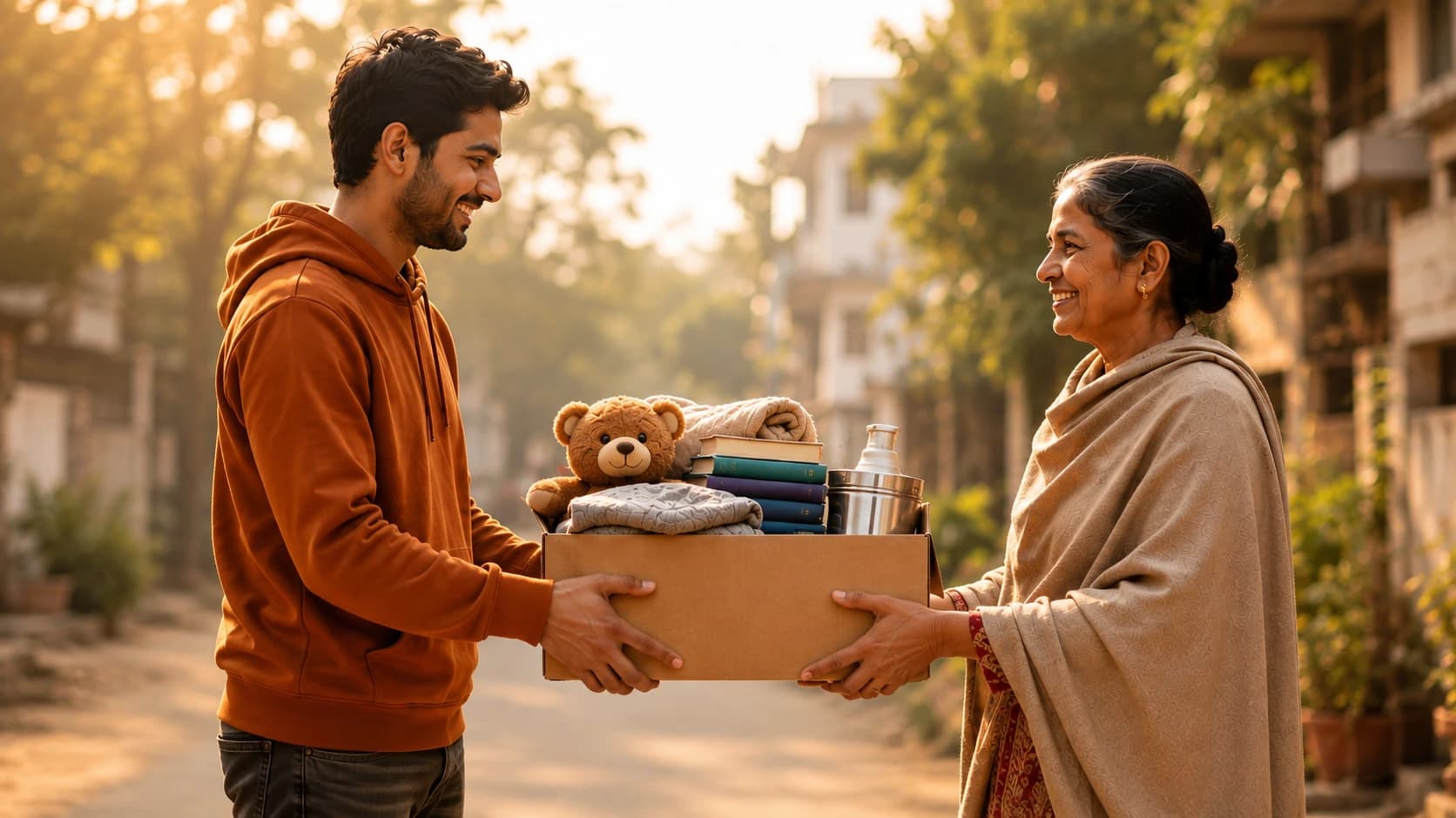 A smiling young man hands a box of useful items to an older woman in a sunlit neighbourhood.